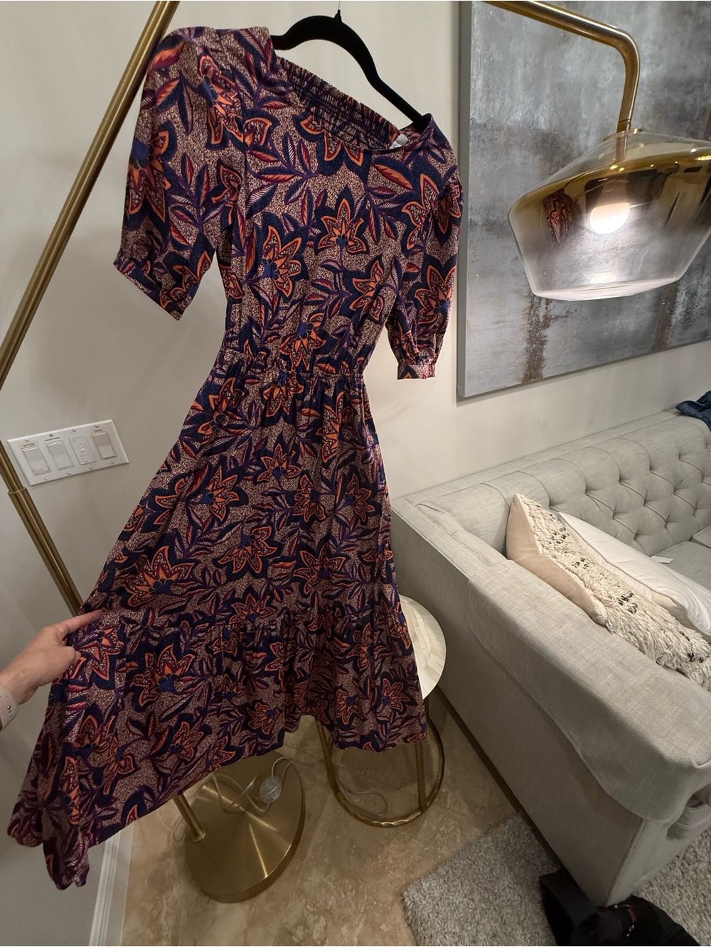 Evereve One-Shoulder Floral Midi Dress in Navy and Coral